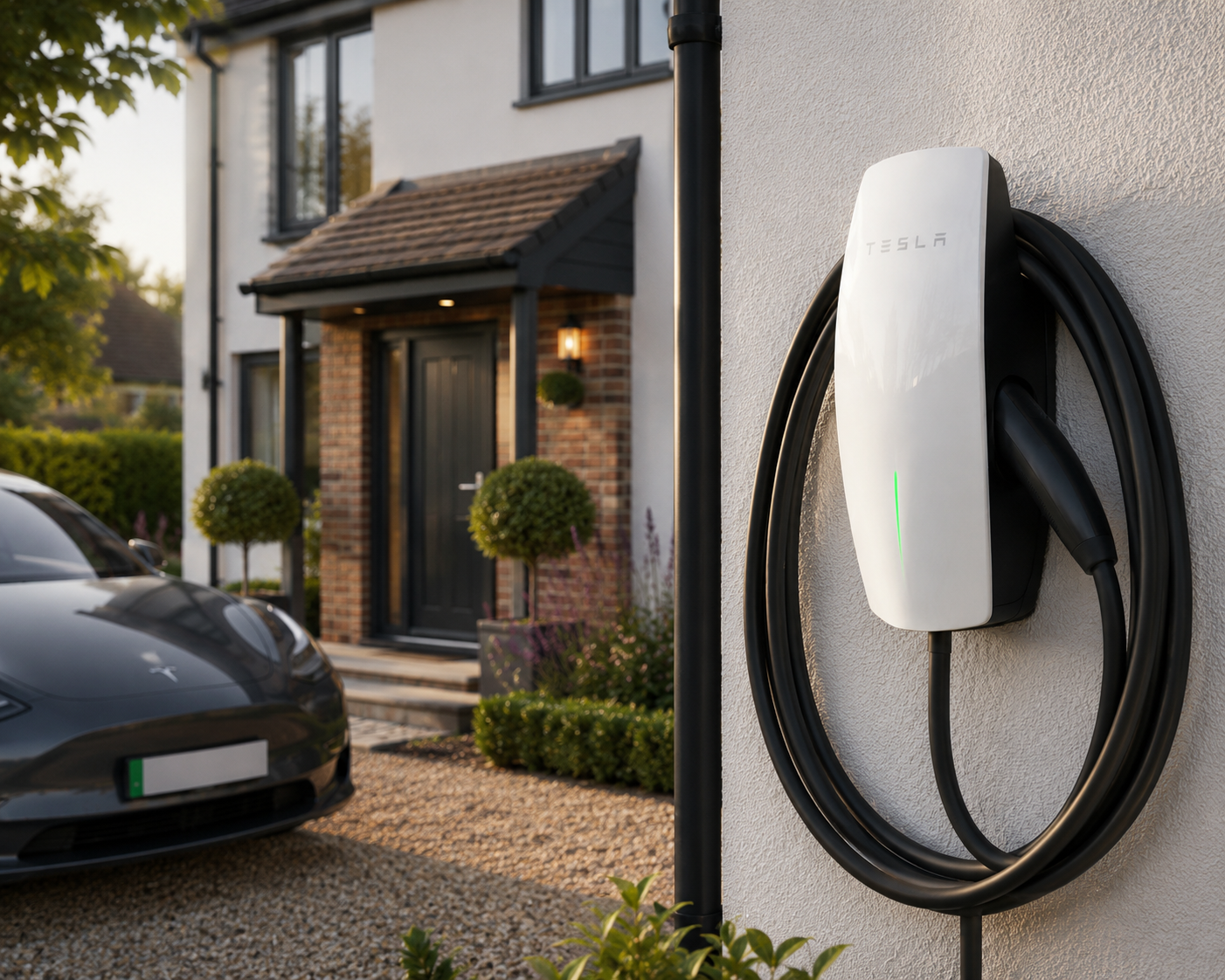 Tesla Wall Connector installed on the wall of a residential property
