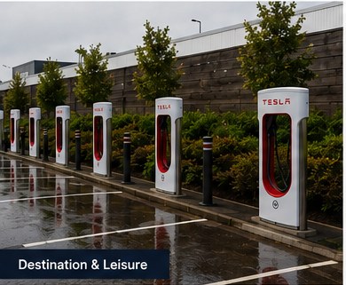Destination EV charging bays at a commercial leisure site