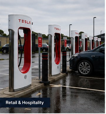 Tesla commercial EV chargers at a retail and hospitality site