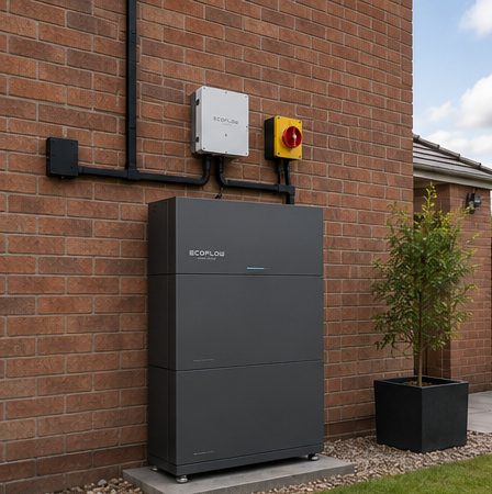 EcoFlow PowerOcean battery installation mounted outside a brick home