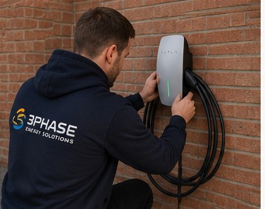 3Phase installer fitting a home EV charger to a brick wall