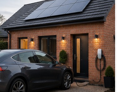 Tesla Wall Connector installed outside a home with solar panels and an electric vehicle