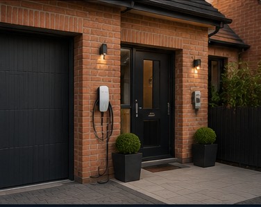 Tidy home EV charger cable management beside a garage