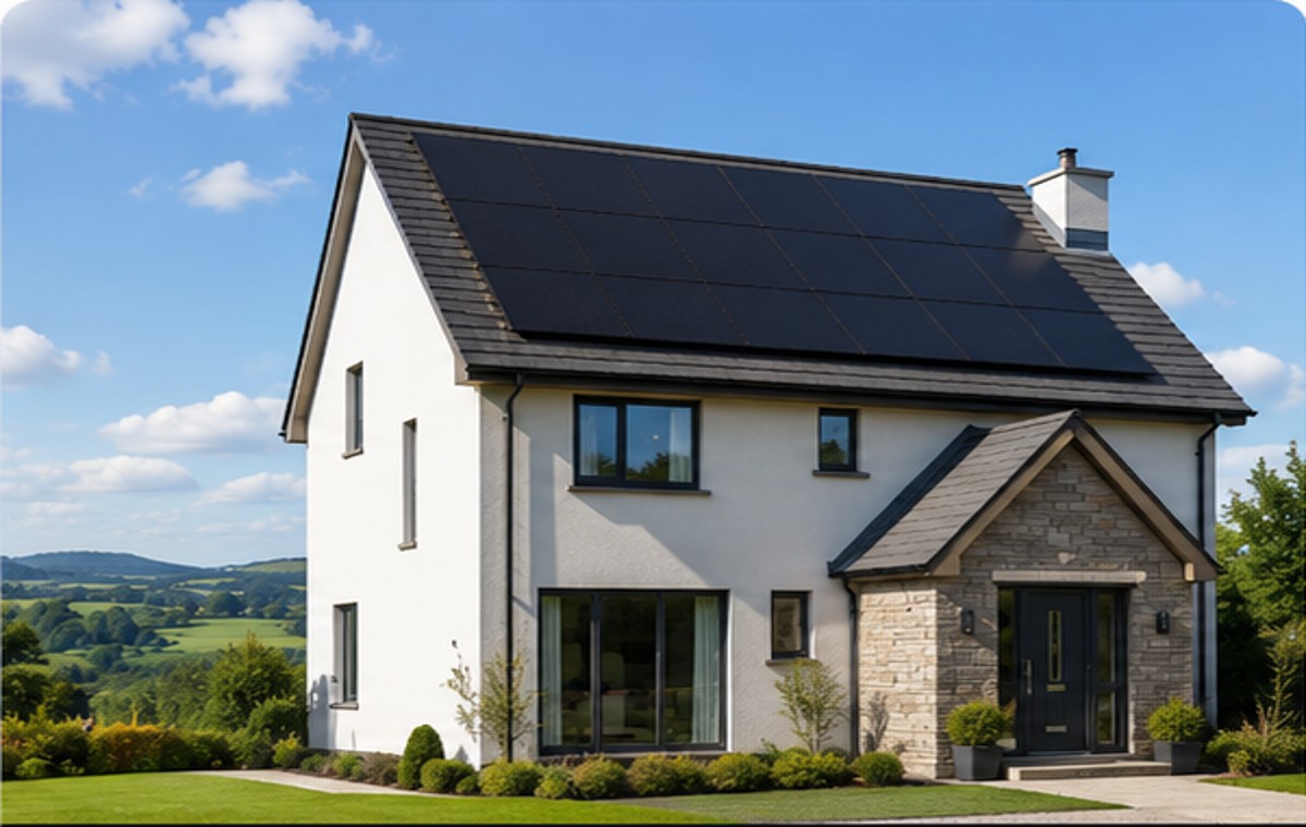 Detached home with black residential solar panels
