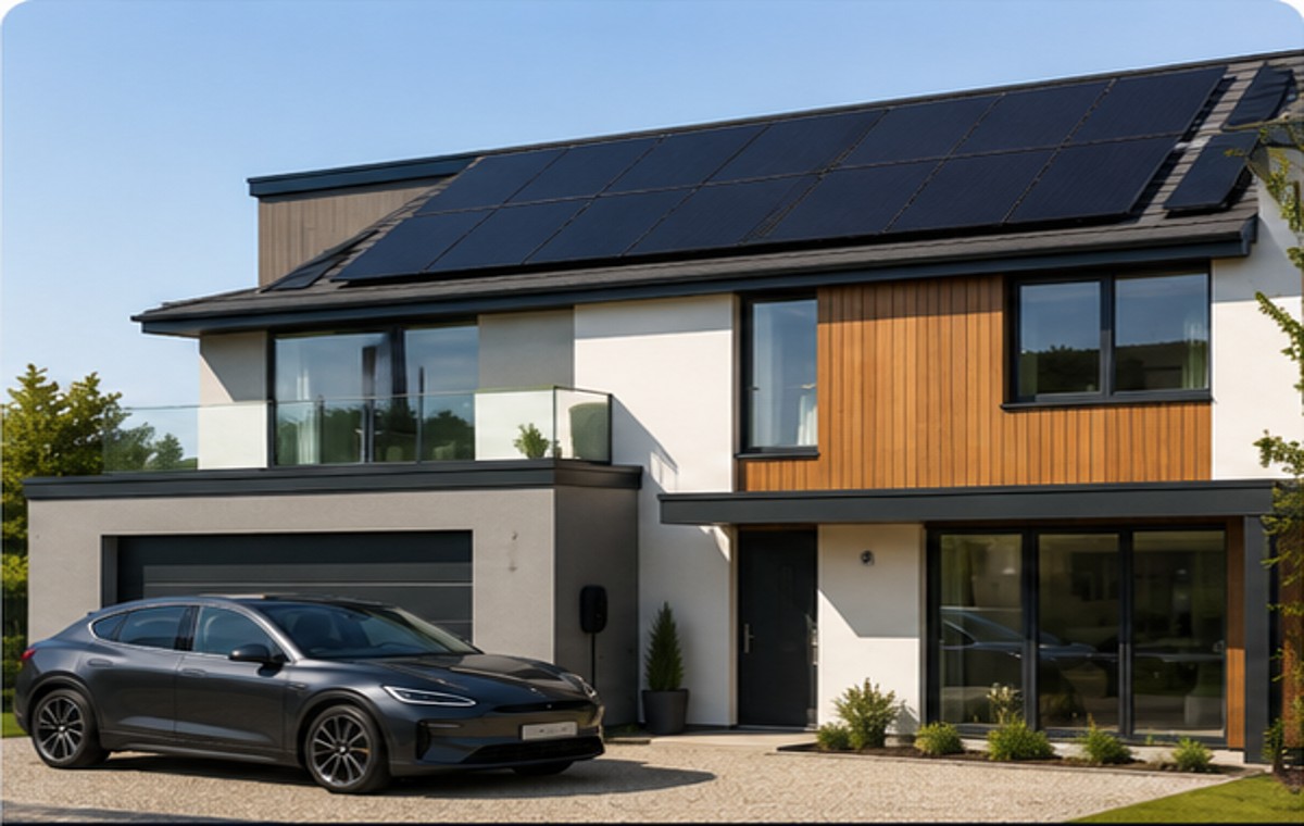 Modern family home with black solar panels