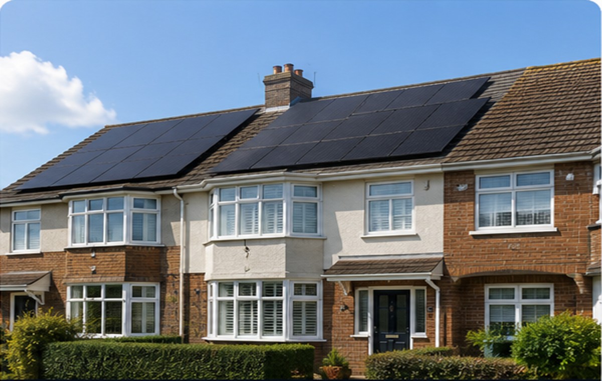 Semi-detached home roof with residential solar panels