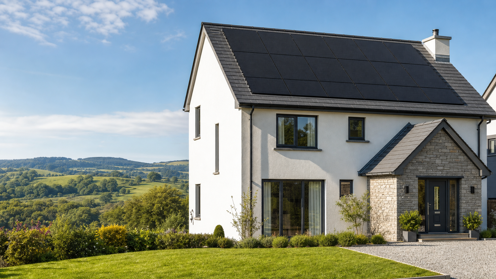 Modern home with rooftop solar panels